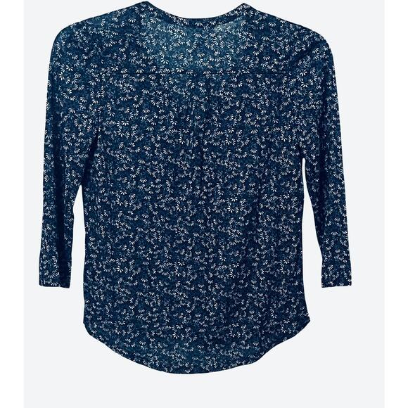 H & M LONG SLV PULL-OVER V-NECK BLOUSE, WOMENS, XS, NAVY GREEN FLORAL, HI-LOW - Picture 4 of 12